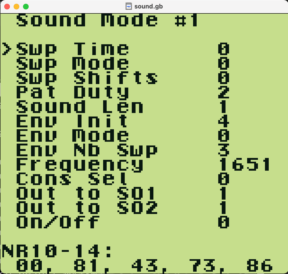 sound.gb でパラメーターをいじってブヨ〜んという音を作った。NR10-14 という各レジスタに対応した値が表示されている