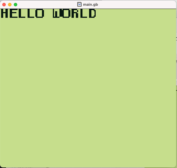 RGBDS でコンパイルしたゲームボーイの HELLO WORLD を出すプログラムが動いているところ