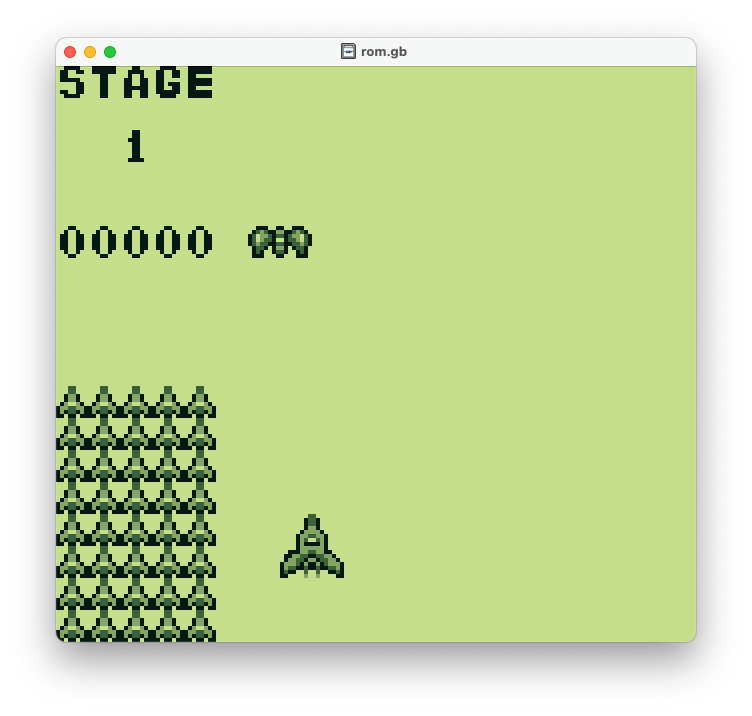 ウィンドウを画面左端に配置したゲーム画面。ウィンドウの背景色であるパレット 0 番の色が、バックグラウンドである 1 番の色を覆ってしまっている。